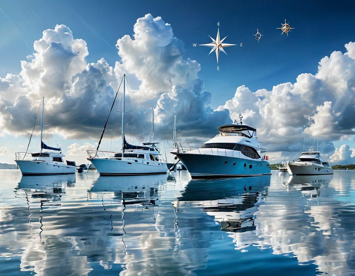 A collage of various boats on serene waters, showcasing different types such as yachts, fishing boats, and sailboats. Overlaid with a compass and protective shield icons symbolizing insurance coverage. Soft sunlight filtering through clouds to create a calm and inviting atmosphere. Reflective water surfaces adding depth and tranquility. Vibrant colors. 3D.