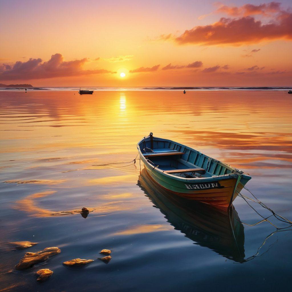 A tranquil marine scene depicting a colorful fishing boat in calm waters, with safety equipment visibly onboard. In the background, a bright sunrise casts warm hues over the horizon, representing new beginnings and secure journeys. Include subtle imagery of insurance documents floating gently on the water's surface, symbolizing peace of mind. Enhance the scene with lively seabirds soaring overhead and softly rippling waves. vibrant colors. super-realistic. photography.