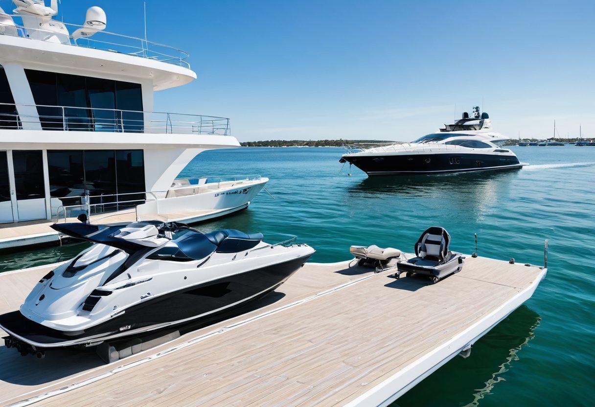 A serene marina scene showcasing a luxurious yacht docked next to a high-speed jet ski, with clear blue waters and a bright sky. In the background, subtle elements depicting marine policy, such as a marine life conservation sign and a small boat with officials discussing regulations. The image should reflect a sense of adventure and responsible marine enjoyment. super-realistic. vibrant colors. white background.